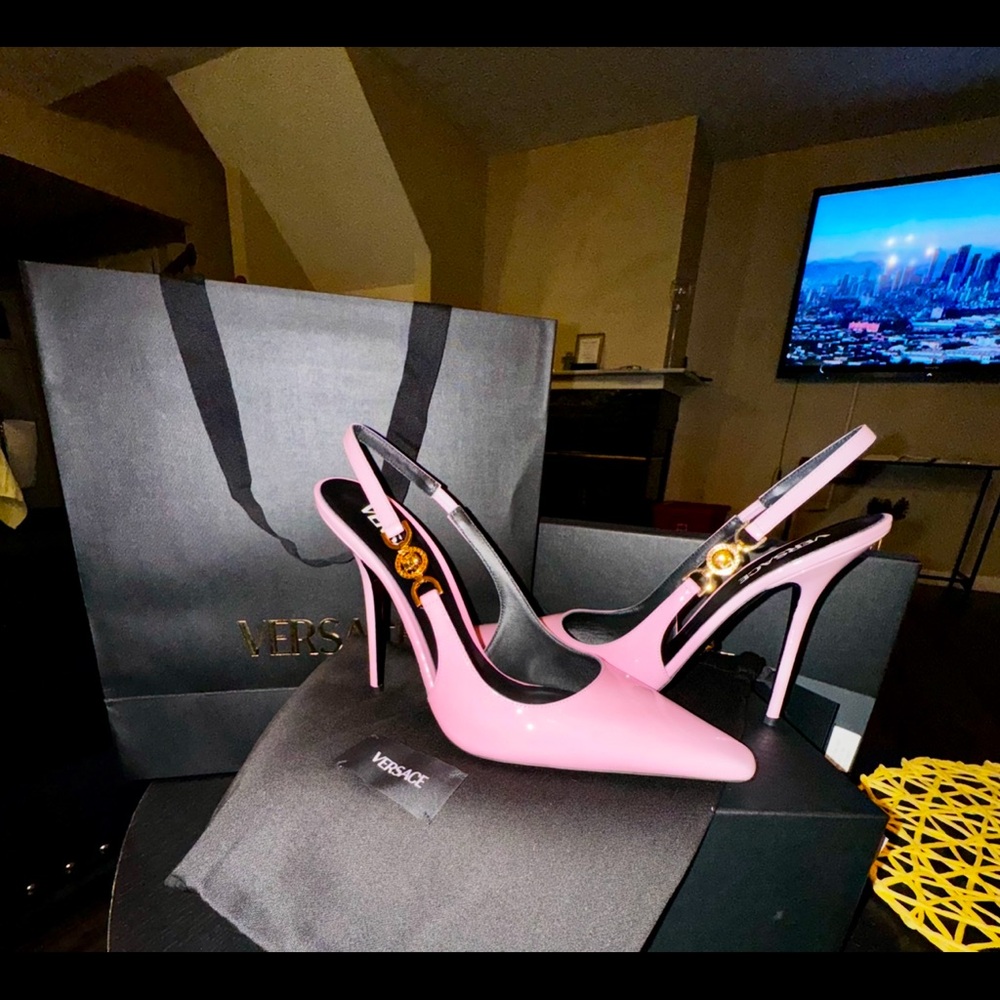 Versace Elegant Pink Heels with Gold Accents